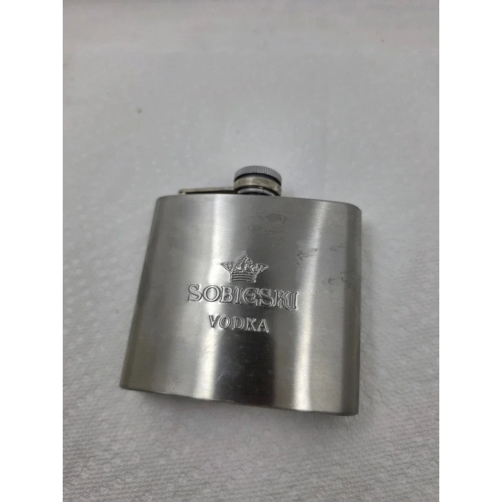 Sobieski Vodka Stainless Steel Hip Flask 5oz‎ Embossed Logo Silver Barware